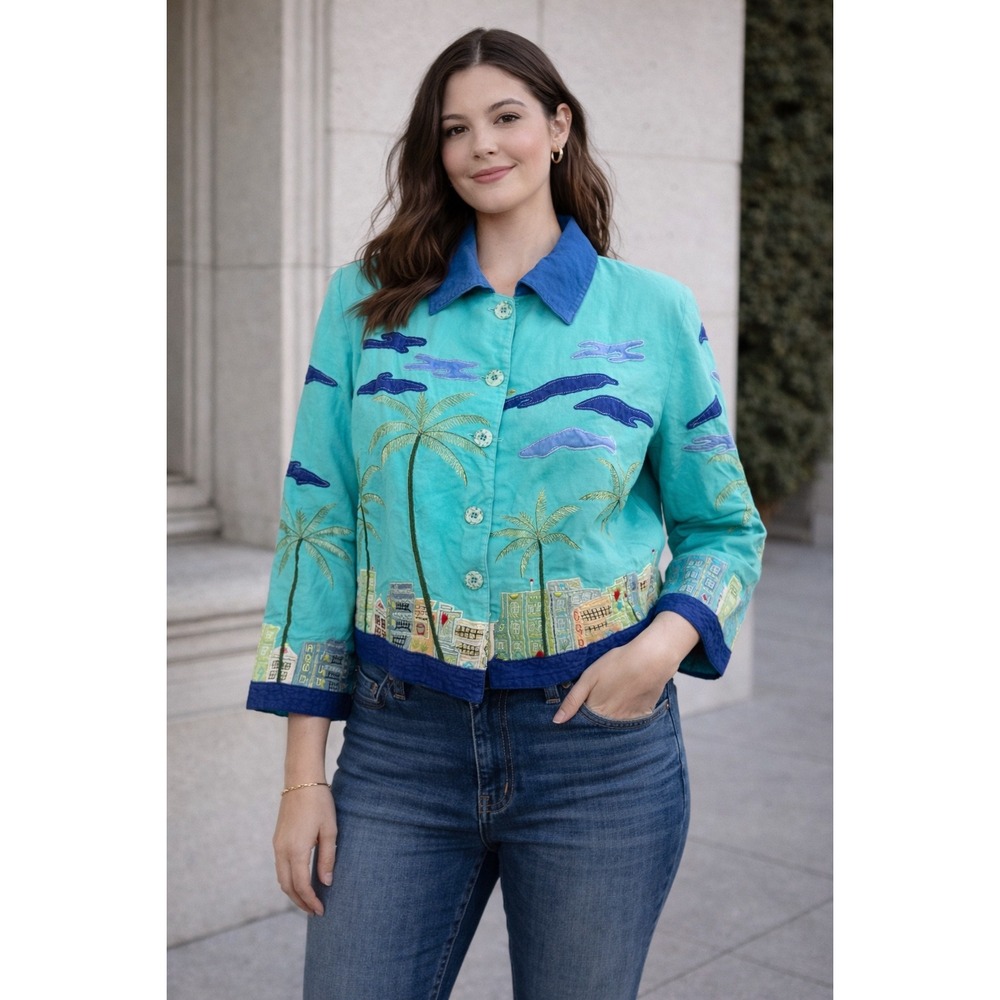 VTG Anage Jacket S Teal Palm Tree Cityscape Applique Travel Novelty Art To‎ Wear